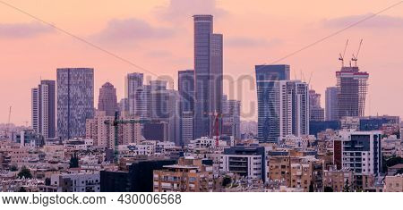Tel Aviv Skyline And Ramat Gan, Givatayim At Sunset,  Tel Aviv Cityscape Large Panorama At Sunset Time, Israel