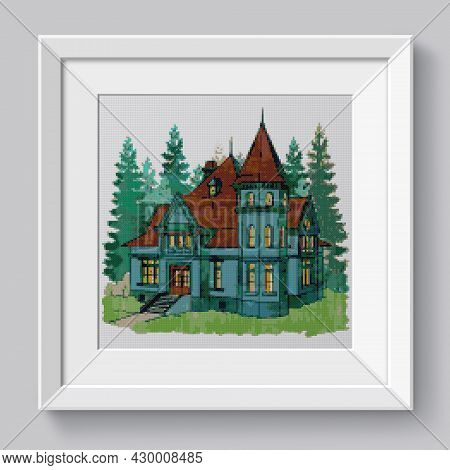 Romantic House With Gothic And Renaissance Elements In The Forest. Illustration Of Cross Stitch Embr