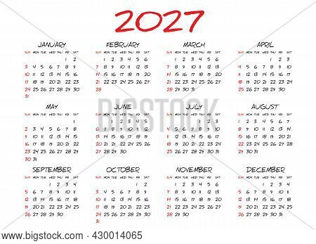 Monthly Calendar Template For 2027 Year, Simple Calendar Design, Planner, Week Starts On Sunday, Wal
