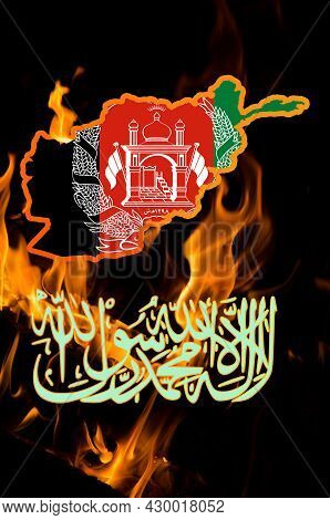 Afghanistan Flag, Taliban Insignia And Country Outline Map With Burning Fire Background. Afghanistan