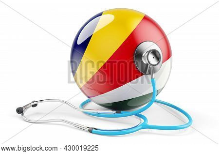 Seychelloise Flag With Stethoscope. Health Care In Seychelles Concept, 3d Rendering Isolated On Whit