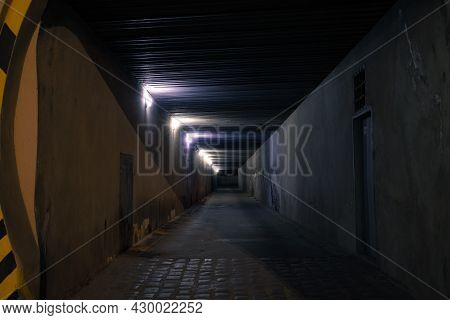 Dark Underground Passage At Night Criminal Time With Electricity Lighting And Shadow Dusk Environmen
