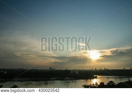 Sunny Summer Sunset Over Usce, The Confluence Between The Sava And The Danube (dunav) River And The 
