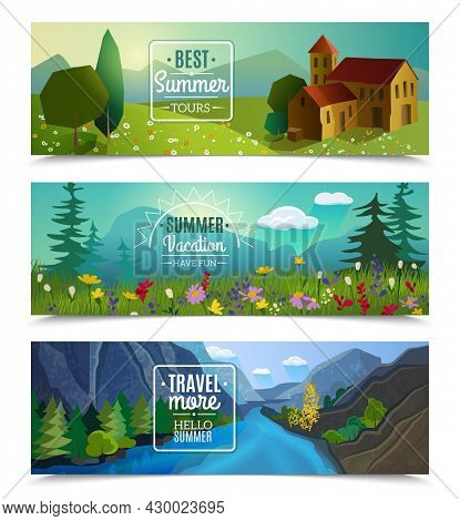Best Tours For Summer Vacation Travel Agency Advertisement 3 Horizontal Landscape Banners Set Abstra