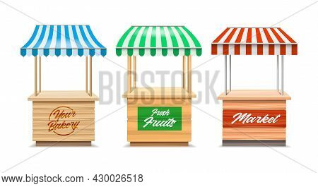 Wood Fair Stands. Wooden Marketing Bakery And Fruit Stalls, Red Green Blue Striped Awning Kiosks, Sh