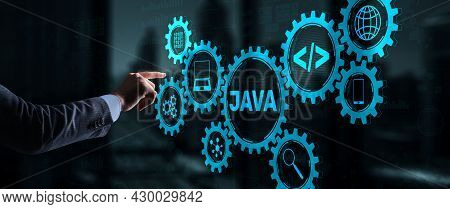 Business Man Pushing On A Touch Screen Interface Java Programming Concept. Virtual Machine