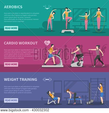 Different Kinds Of Fitness Gym Training Horizontal Banners With Cardio Aerobics And Weight Training 