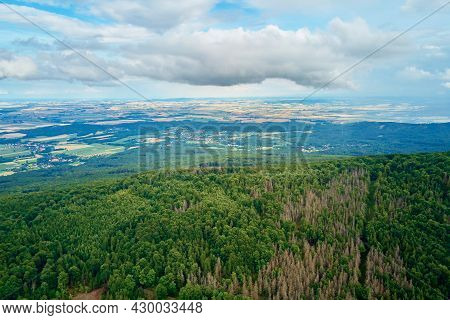 Aerial View Of Beautiful Landscape In Mountains With Forest. Sleza Mountain Near Wroclaw In Poland. 