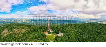 Aerial View Of Beautiful Landscape In Mountains With Forest. Sleza Mountain Near Wroclaw In Poland. 