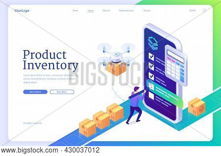 Product Inventory Isometric Landing Page. Logistics Order Processing, Warehouse Tasking, Stock Suppl