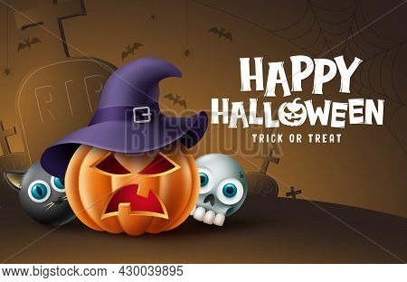 Happy Halloween Cemetery Background Design. Halloween Trick Or Treat Text With Pumpkin, Skull And Ca