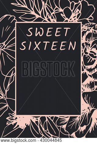 Composition of birthday party text over flowers icons on black backgtound. event invitation concept digitally generated image.