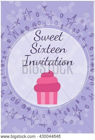 Composition of birthday party text over cupcake icon on purple backgtound. event invitation concept digitally generated image.