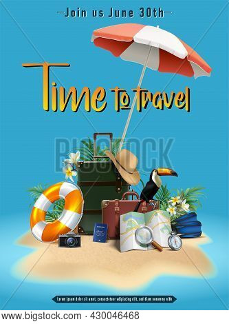Vector Summer Sale Banner Template. Vertical Orientation With Luggage, Umbrella, Hat, Life Circle, M