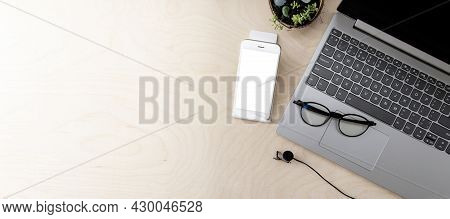 Computer, Phone With Mockup, Microphone Eu Wooden Table With Copy Space. Online Education Concept, B