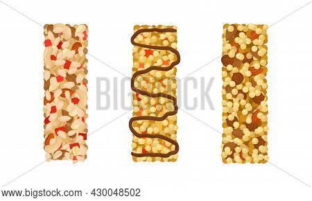 Various Vector Granola Bars With Puffed Rice And Sunflowers Seeds Set. Healthy, Energy, Protein Bars