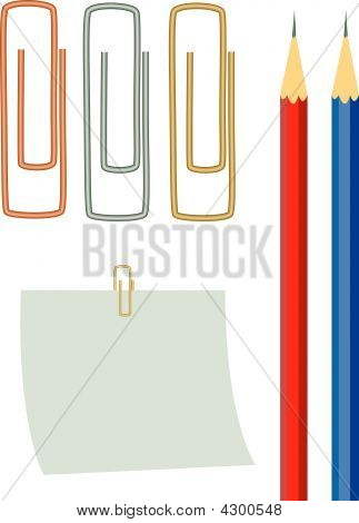 Clips, papir, blyanter
