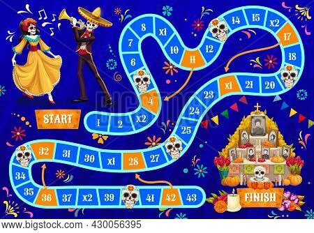 Kids Board Game. Dia De Los Muertos Holiday Celebrating Human Skeletons, Dancing Woman And Mariachi 