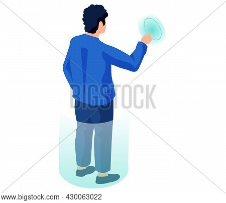 Young Guy Stands Back View Presses Finger On Virtual Button Isolated On White Background. Man Is Loo