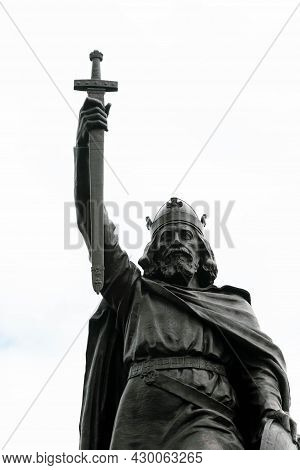 Winchester, United Kingdom, 10th August 2021:- A Statue Of King Alfred The Great, King Of The West S