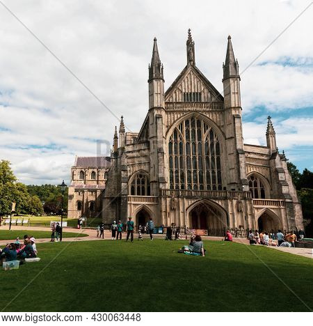 Winchester, United Kingdom, 10th August 2021:- The Entrance To Winchester Cathedral