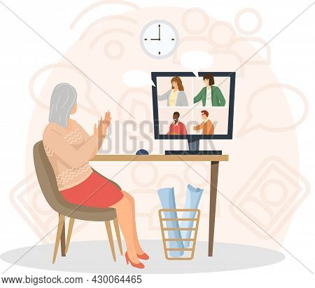 Video Conference Online Meeting. People Group On Computer Screen Taking With Colleague. Online Conve