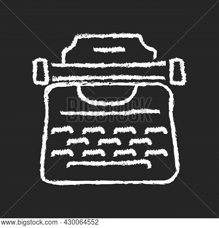 Vintage Typewriter Chalk White Icon On Dark Background. Antique Mechanical Machine. Producing Charac