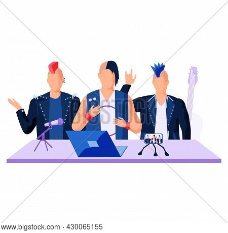 Rock Band Is Singing New Track On Microphone. Men Have Music Award And Guitar. Rock Musicians Recodi