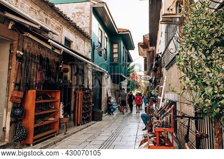 Antalya, Turkey - July, 2021: Narrow Street Of Old Town Kaleici District In Antalya, Turkey. Turkish