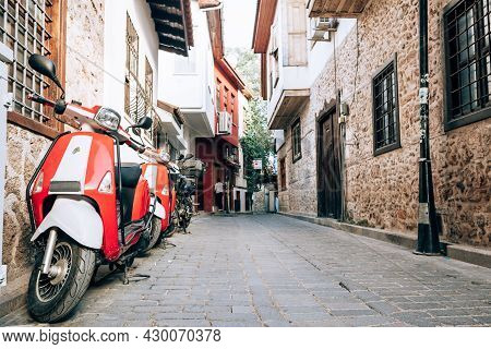 Antalya, Turkey - July, 2021: Empty Narrow Street Of Old Town Kaleici District In Antalya, Turkey. V