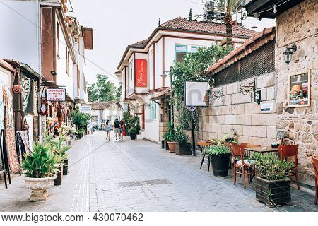 Antalya, Turkey - July, 2021: Narrow Street Of Old Town Kaleici District In Antalya, Turkey. Turkish
