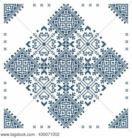 Bosnia And Herzegovina Embroidery Style Vector Pattern In Square With Corners, Greeting Card Styled 