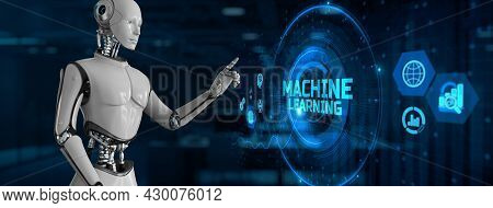 Machine Learning Artificial Intelligence Ai Concept. Robot Pressing Button On Screen 3d Render
