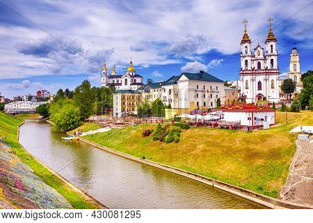 Vitebsk, Belarus - August 1, 2021: City Skyline With Resurrection Church And Town Hall Across The Vi