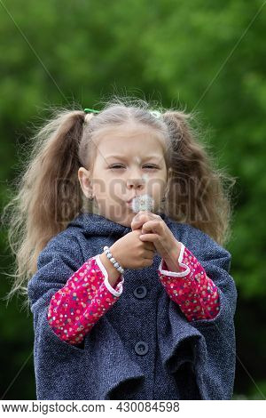 Portrat Of Caucasian Girl Of Five Years Old Blowing On Dandelion In Summer Park