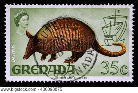 ZAGREB, CROATIA - SEPTEMBER 18, 2014: Stamp printed in Grenada shows Nine-banded Armadillo (Dasypus novemcinctus), Series Flora and Fauna Definitives 1968-1971, circa 1969