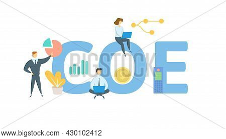 Coe, Center Of Excellence. Concept With Keyword, People And Icons. Flat Vector Illustration. Isolate
