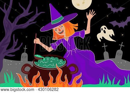 Happy Halloween Holiday Greeting Card. The Witch Brews Magic Potion In Cauldron In Moonlight Night C