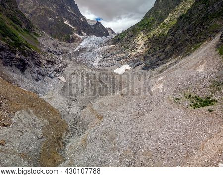 Aerial View At The Chalaadi Glacier In Svaneti Region, Georgia, Caucasus.