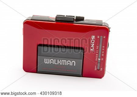 Huettenberg, Germany - 2021-04-07: Beautiful Red Vintage Sony Walkman Wm-24 Over Bright Background.