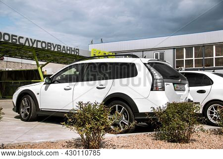 Chernigov, Ukraine - July 24, 2021: White Saab 9-3x In The City