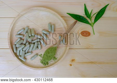 Kariyat Or Andrographis Paniculata Powder In Wooden Spoon With Herbal Capsules And Banch Green Leave