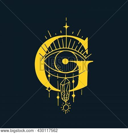 G Letter Logo In The Astrological Style. Hand Drawn Monogram For Magic Postcards, Medieval Style Pos