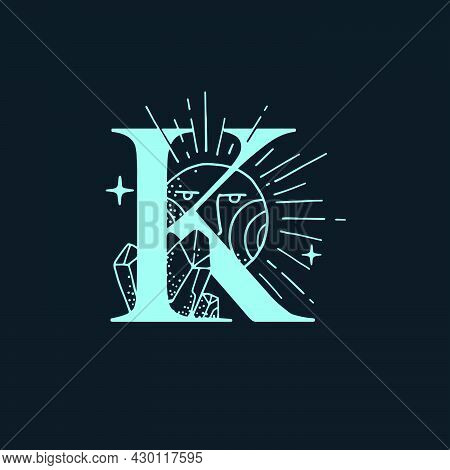 K Letter Logo In The Astrological Style. Hand Drawn Monogram For Magic Postcards, Medieval Style Pos