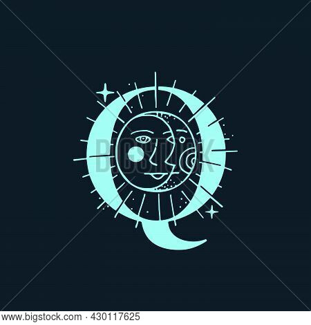 Q Letter Logo In The Astrological Style. Hand Drawn Monogram For Magic Postcards, Medieval Style Pos