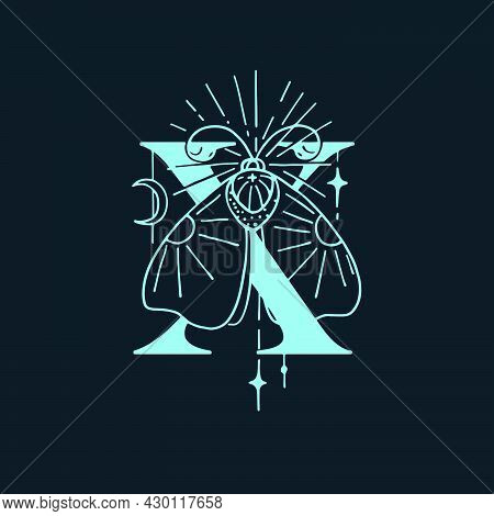 X Letter Logo In The Astrological Style. Hand Drawn Monogram For Magic Postcards, Medieval Style Pos