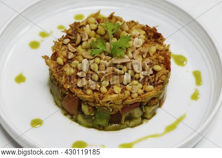 Kolhapuri Chicken Salad With Crunchy Salad With Peanuts, Indian Spiced Snack Food