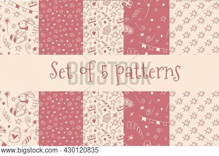 Set Of Vector Doodle Birthday Seamless Patterns In Pink And Champagne Colors. Cute Cartoon Vector Ba