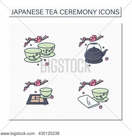 Japanese Tea Ceremony Color Icons Set. Japanese Tea Cups, Teapot, Tatami Mat, Chakin. Japan Ancient 