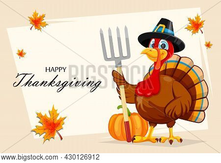 Happy Thanksgiving Day Greeting Card. Funny Cartoon Character Turkey Bird. Turkey Bird Holding Pitch